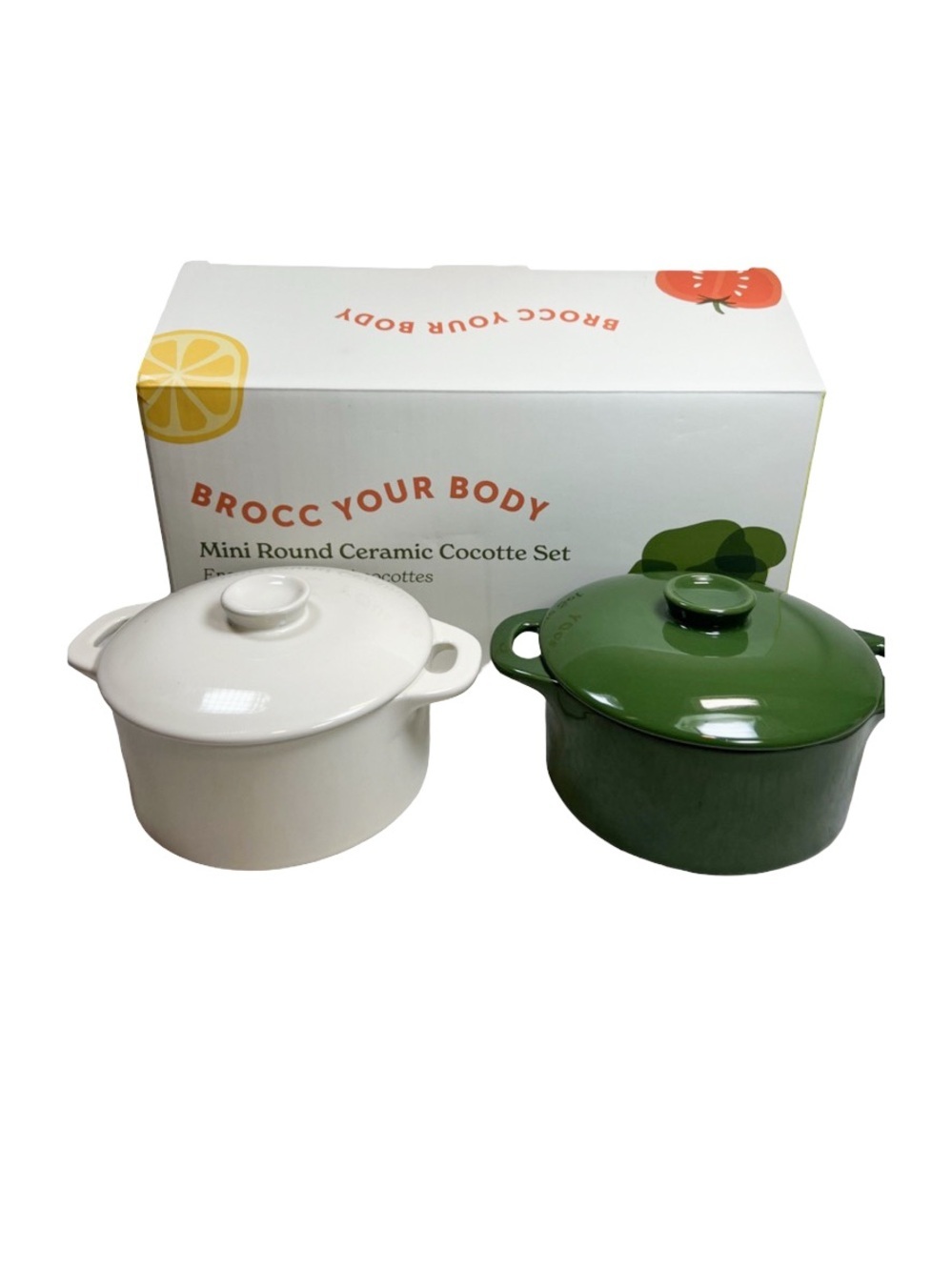 NWT Brocc Your Body Mini Ceramic Cocotte Set Green Ivory 18.6oz Dutch Oven Bowls